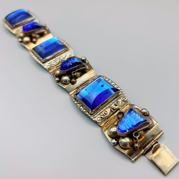 Vintage Mexican Sterling Silver Bracelet with Blue Stones | Hinged 0925 AR - Picture 7 of 11